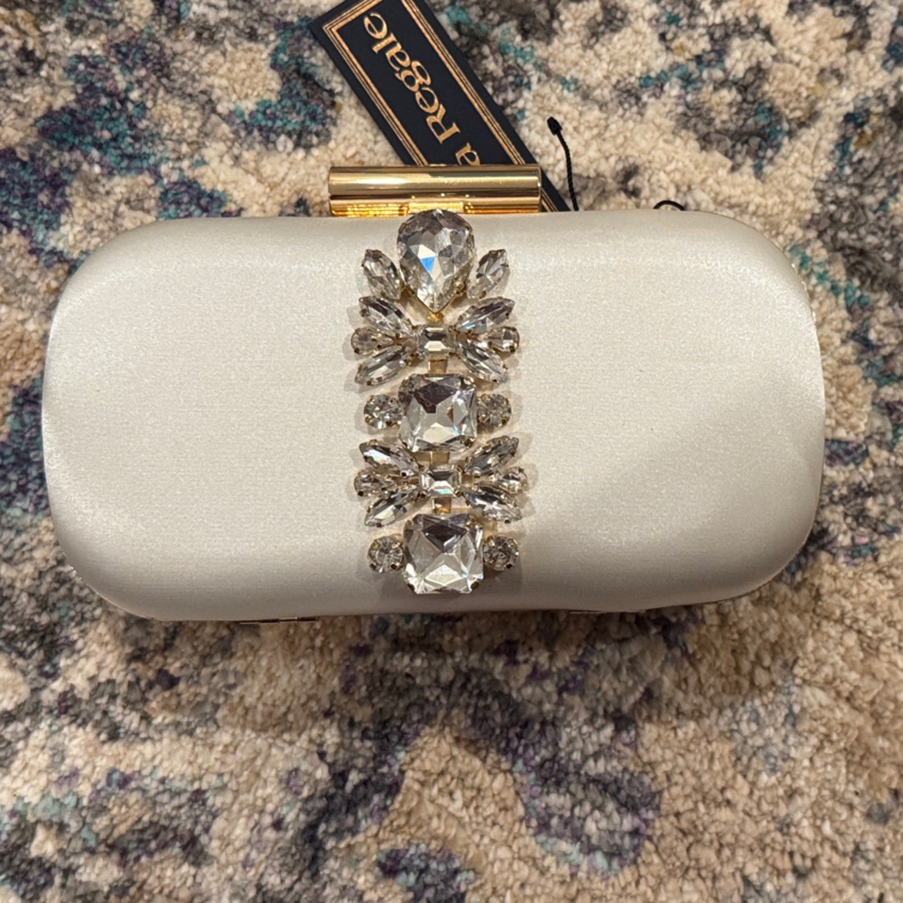 La Regale Ivory Jeweled Satin Minaudiere Clutch